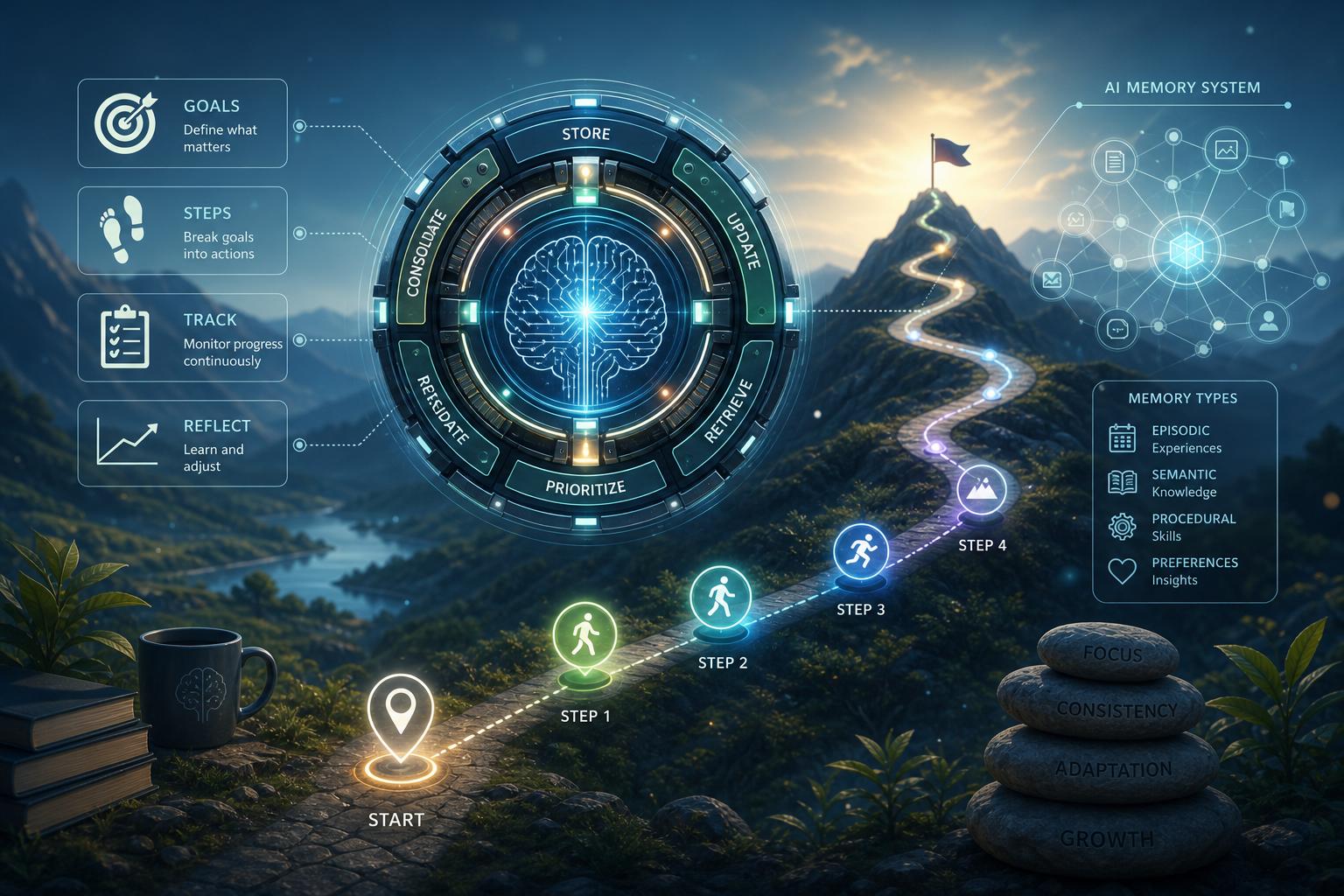 Mechanisms for Tracking Goals and Steps in AI Memory Systems