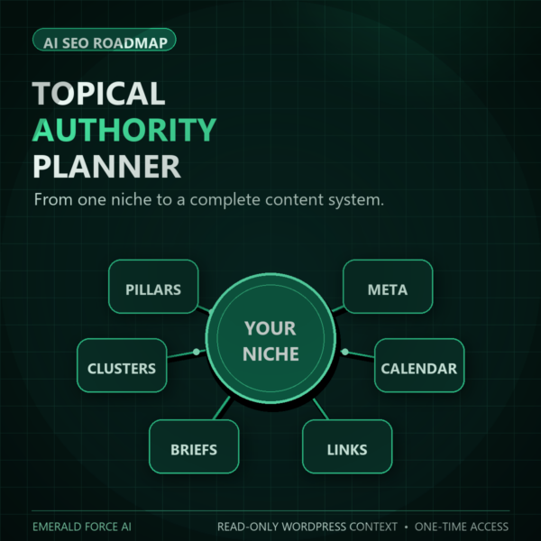 Emerald Topical Authority Planner AI SEO roadmap showing pillars, clusters, briefs, links, calendar, and metadata