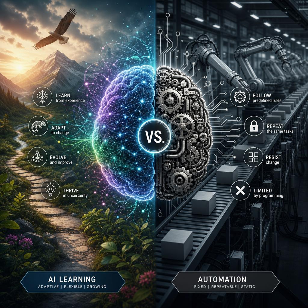 Adaptability in Dynamic Environments Contrasting AI's Learning Capabilities with Automation's Fixed Processes